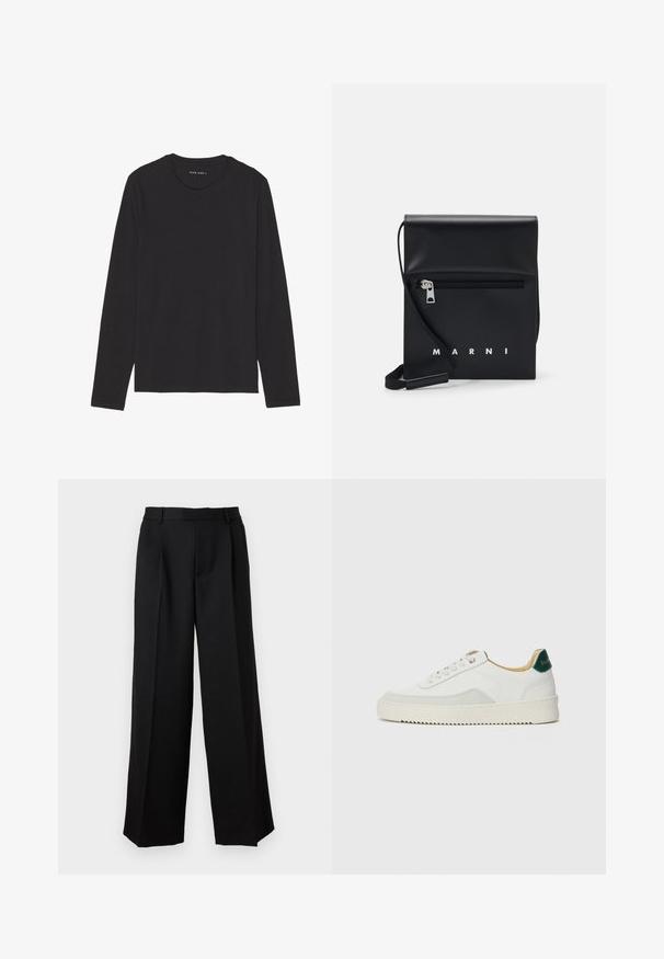 Black long-sleeve t-shirt made of soft, lightweight fabric. Features a round neckline and straight hem. No visible patterns or accents.; Paul & Joe PANTALON - Trousers - noir; White sneaker with suede accents, rounded toe, flat laces, and a cream rubber sole. Features green branding on the heel.; Black leather crossbody bag with a zippered front pocket, embossed logo, and adjustable strap. Smooth texture with a structured shape.