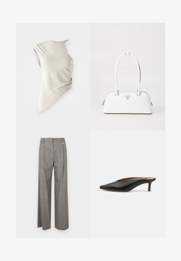 Asymmetrische mouwloze top in lichtbeige stof, met een ronde hals en geplooid detail aan de zijkant voor textuur.; Grijze geruite wijde broek met een hoge taille, voorplooien en een metallic accent in goudkleur op de tailleband. Textuurstof.; Zwarte leren muiltjes met een puntige neus en een lage, blokhak. Glad oppervlak met een gestroomlijnd ontwerp. Open achterkant met minimale details.; Witte leren handtas met een gebogen vorm, voorzien van een zilveren driehoekig logo en ritssluiting. Gladde textuur en dubbele handvaten.