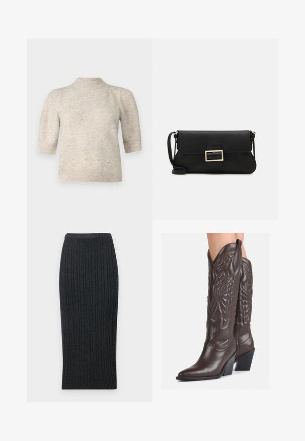 Pulover kratkih rukava, visokog ovratnika, od mekog, svijetlog bež pletera, s malim bisernim detaljima sprijeda i rebrastim manžetama i rubom.; Tamnosiva rebrasta pletena midi suknja s oblinama koja se prilagođava tijelu i elastičnom pojasom. Sadrži vertikalne rebra za dodatnu teksturu.; Smeđe kožne kauboj čizme s šiljastim vrhom i blok-potpeticom, s detaljno izvezenim šavovima i uzdignutim naglascima na okovu.; Crna kožna clutch torbica s preklopom i zlatnim metalnim detaljem kopče. Uključuje crnu trakicu i elegantan, minimalistički dizajn.; Zlatne kružne naušnice, tanke i okrugle, s glatkom metalnom površinom bez ukrasa ili uzoraka.
