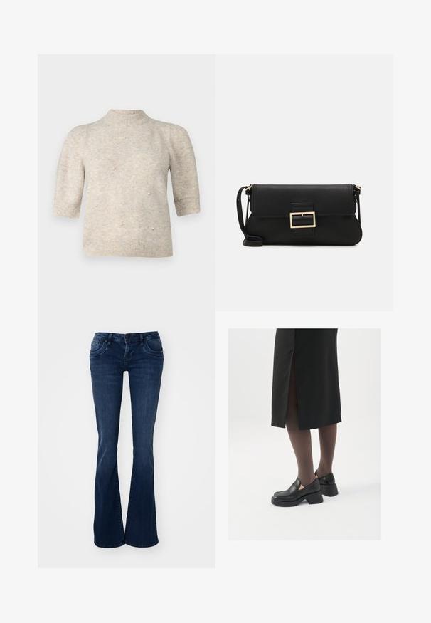 Krátký rukáv, svetr s vysokým límcem v měkké, světlé béžové pletenině, s malými perlovými akcenty na přední části a vroubkovanými manžetami a spodním lemem.; Tmavě modré rozšířené džíny vyrobené z denimu, s předními kapsami, zapínáním na knoflík a hladkým povrchem.; Černé kožené boty s kulatou špičkou, silným blokovým podpatkem a elastickými bočními akcenty, spárované s tmavými punčochami a černou sukní se rozparkem.; Černá kožená psaníčko s klopou a zlatým kovovým detailním sponou. Součástí je černý popruh a elegantní, minimalistický design.; Zlaté kruhové náušnice, tenké a kulaté, s hladkým kovovým povrchem a bez zdobení či vzorů.
