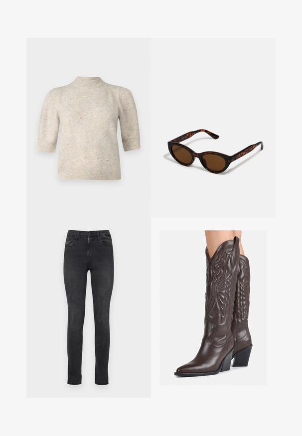Rövid ujjú, magas nyakú pulóver puha, világos bézs kötött anyagból, amelyen apró gyöngyös díszítések találhatók az elején, valamint bordázott mandzsetták és szegély.; Fekete, keskeny farmernadrág sima textúrával, öt zsebbel, gombos és cipzáras záródással, valamint enyhe kopással a modern megjelenésért.; Barna bőr cowboy csizmák hegyes orral és blokk sarkal, részletes varrással és kiemelkedő díszítésekkel a szárán.; Barna teknősbéka napszemüveg vintage macska szemformával és barna lencsékkel. Íves karokkal rendelkezik, amelyek piros részletekkel vannak ellátva.; Fekete bőr kézitáska hajtóka részlettel és aranyszínű fém csattal. Tartalmaz egy fekete pántot és egy letisztult, minimális dizájnt.; Arany fülbevalók sima, fényes felülettel. Kör alakú dizájn, amely kis kapoccsal és átlátszó tartozékkal rendelkezik a biztonságos viselés érdekében.