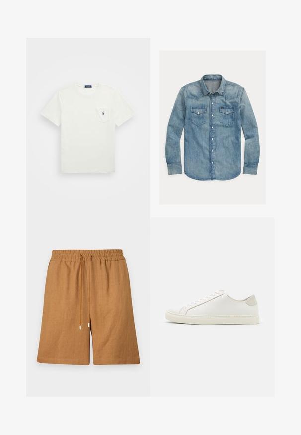 Biała bawełniana koszulka z krótkim rękawem, okrągłym dekoltem i kieszonką na piersi. Posiada granatowe logo na kieszeni. Gładka struktura, klasyczny krój.; Jeansowa koszula w jasnoniebieskim kolorze, z wywijanym kołnierzykiem, długimi rękawami, dwoma kieszeniami na piersi oraz zapięciem na zatrzaski. Klasyczny wzór w stylu western.; Brązowe lniane szorty z elastycznym pasem, zapięciem na sznurek i luźnym krojem. Charakteryzują się gładką fakturą i przeszytymi brzegami.; Białe skórzane sneakersy o gładkiej powierzchni, okrągłym nosku i minimalistycznym wzornictwie. Zawierają beżowe akcenty na pięcie oraz gumową podeszwę.