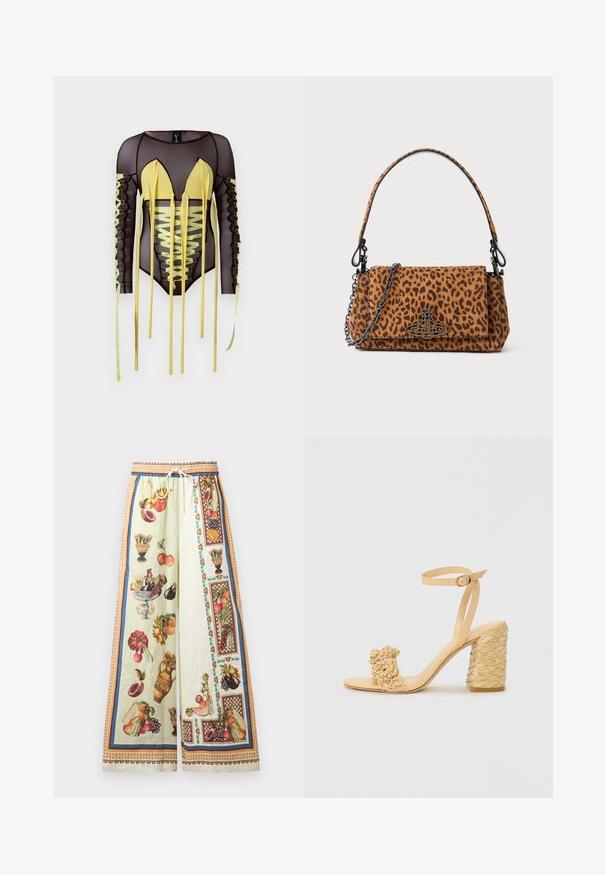 Czarny siatkowy body z długimi rękawami, z żółtymi akcentami, głębokim dekoltem w kształcie V oraz sznurowaniem z długimi paskami po bokach.; Szerokie spodnie wykonane z lekkiego materiału, z pastelowozieloną bazą i kolorowymi ilustracjami owoców oraz wazonów. Elastyczny pasek w talii z możliwością regulacji.; Beżowe sandały na wysokim obcasie o plecionym wzorze, z dekoracyjnym kwiatem i paskiem na kostkę. Kwadratowy obcas zwiększa stabilność.; Torebka w panterkę wykonana z zamszu, z krótkim uchwytem, łańcuszkowym paskiem oraz czarnym zapięciem. Prostokątny kształt z klapką.
