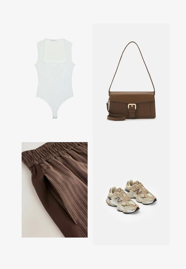 Body senza maniche bianco con scollatura quadrata, realizzato in un tessuto liscio, dotato di chiusura a pressione nella parte inferiore e design aderente.; Gonna plissettata marrone con vita elasticizzata, caratterizzata da righe verticali in tonalità più chiare. Tessuto liscio che si drappeggia morbido.; Sneaker beige realizzate in materiali mesh e suede. Presentano un logo nero e dettagli testurizzati. Suola intermedia spessa bianca e suola esterna in gomma nera.; Borsa a tracolla in pelle marrone di forma rettangolare, con una patta frontale, hardware dorato e una lunga tracolla regolabile.