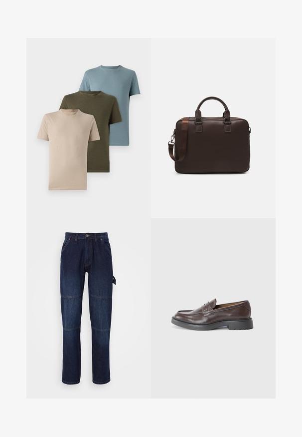 Tri kratka rukava majice u bež, maslinasto zelenoj i svijetloplavoj boji, izrađene od mekog materijala s okruglim izrezom i jednostavnim dizajnom.; Tamno plave traperice ravnog kroja, s dva prednja džepa, vidljivim šavovima i božnim oznakom za funkcionalan detalj.; Smeđe kožne mokasine s glatkom površinom, okruglim vrhom, minimalnim šavovima i debelim crnim gumenim đonom. Nema vidljivih metalnih dijelova ili ukrasa.; Smeđa kožna torba za prijenosno računalo s teksturiranom površinom, dvostrukim gornjim ručkama, podesivim remenom i dva prednja kopčanja za dodatne detalje.