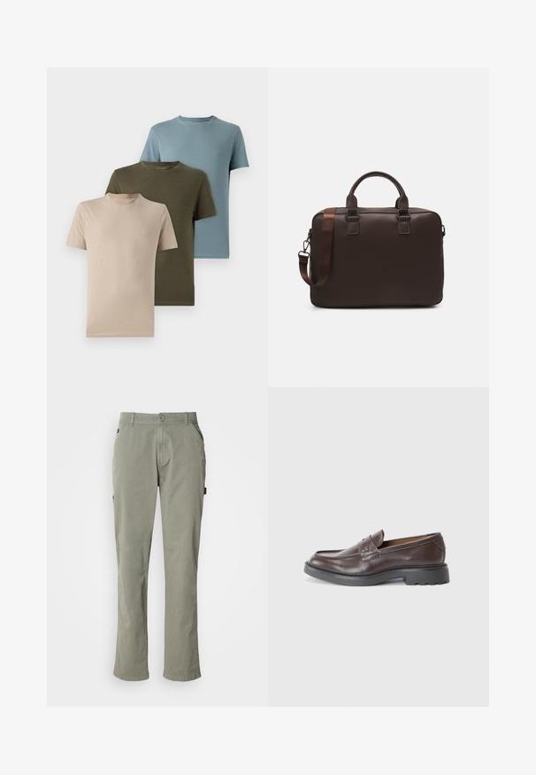 Trois t-shirts à manches courtes en beige, vert olive et bleu clair, en tissu doux avec un col rond et un design uni.; Pantalon en coton vert clair à coupe droite, avec des poches devant, une fermeture à bouton et une taille avec passants de ceinture.; Mocassins en cuir marron avec une finition lisse, bout rond, couture minimaliste et une épaisse semelle en caoutchouc noir. Aucun matériel ou accent visible.; Sac à ordinateur en cuir marron avec une surface texturée, deux poignées supérieures, une bandoulière réglable et deux boucles à l'avant pour un détail supplémentaire.