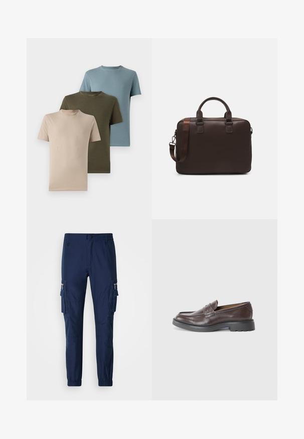 Tři trička s krátkým rukávem v béžové, olivově zelené a světle modré barvě, vyrobená z měkké tkaniny s kulatým výstřihem a jednoduchým designem.; Námořnické cargo kalhoty vyrobené z lehkého materiálu, s bočními kapsami, elastickými manžetami a detaily na zipové kapse.; Hnědé kožené mokasíny s hladkým povrchem, kulatou špičkou, minimálním prošíváním a silnou černou gumovou podrážkou. Žádná viditelná kovová součást nebo akcenty.; Hnědá kožená taška na laptop s texturovaným povrchem, dvojitými horními uchy, nastavitelným popruhem a dvěma předními přezkami pro další detaily.