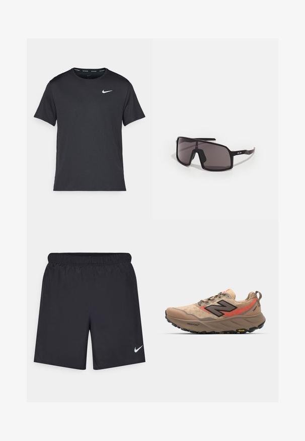 Černé běžecké tričko Nike vyrobené z lehkého a prodyšného materiálu, s krátkými rukávy a malým bílým logem na hrudi.; Černé sportovní šortky vyrobené z lehkého materiálu s elastickým pasem. Na spodní levé straně mají malé bílé logo Nike.; Beige běžecká obuv s síťovaným svrškem, černými a červenými akcenty, a Vibram podrážkou. Obsahuje polstrovaný límec a texturovaný povrch pro lepší grip.; Černé obdélníkové sluneční brýle s tmavými čočkami, širokým rámem a štíhlými černými bočnicemi. Na spáncích mají logo. Hladký povrch.