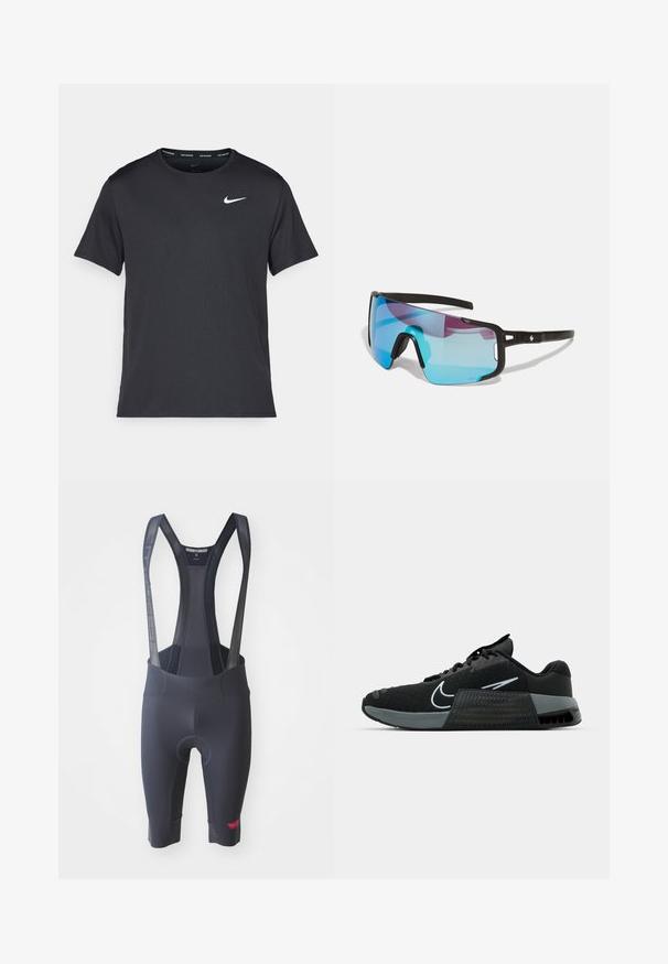 Juodas Nike bėgimo marškinėlis, pagamintas iš lengvos, kvėpuojančios medžiagos, turintis trumpas rankoves ir mažą baltą logotipą ant krūtinės.; Juodi dviratininkų šortai su tinklinėmis petnešomis, paminta sėdyne patogumui ir maža raudona logotipo detalė šalia apvado. Slydi tekstūra.; Juodas sportinis batas su tinklo viršumi, pilkais akcentais ir tekstūruotu viduriniu padais. Yra išsiskiriantis logotipas ir batraiščių dizainas. Guma padais užtikrina sukibimą.; Sportiniai saulės akiniai su juodu rėmu, dideliais mėlynai-purpuriniais gradientiniais objektyvais ir reguliuojamais nosies pagalvėlėmis; lengvas dizainas, skirtas aktyviam naudojimui.