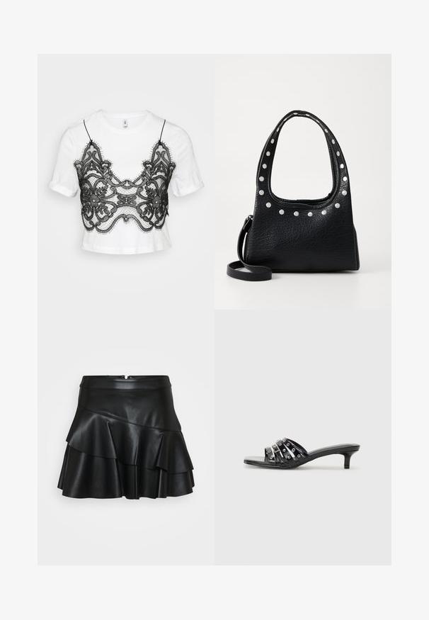Fehér, rövidujjú póló, fekete csipkeszerű bevonattal, virágmintákkal és ívelt szegéllyel, amely réteges esztétikát teremt.; Fekete bőr mini szoknya, illeszkedő derékkal és három réteg fodorral, sima textúrával és rejtett hátsó cipzárral.; Fekete magassarkú szandálok, amelyek fényes pántokkal és fémes részletekkel rendelkeznek, hegyes orral és szerény kiscipő sarkakkal. Simább textúra.; Fekete textúrájú bőr kézitáska ezüst szegecsekkel a felső élen és a fogantyúkon, rövid fogantyúval és leválasztható pánttal.