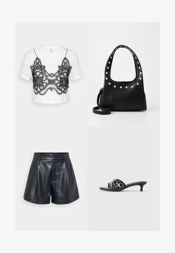 White short-sleeve t-shirt featuring a black lace overlay with floral patterns and scalloped edges, creating a layered aesthetic.; Black leather shorts with a smooth texture, tailored design, pleated front, and belt loops; features a hidden zipper pocket on the side.; Black heeled sandals with multiple glossy straps and metallic accents, featuring a pointed toe and modest kitten heels. Smooth texture.; Black textured leather handbag with silver studs along the top edge and handles, featuring a short handle and a detachable strap.; Silver hoop earring with a polished finish, featuring small gold accent details and a round shape, worn on the lobe.