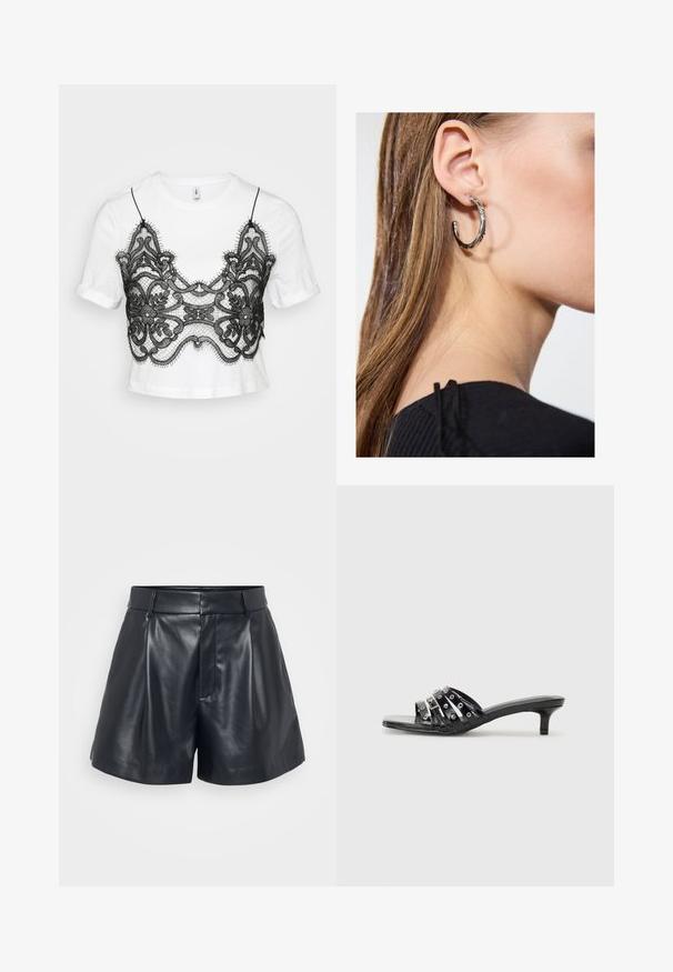 Bela kratka majica s kratkimi rokavi, okrašena s črnim čipkastim slojem z rožnatimi vzorci in valovitimi robovi, ki ustvarja plastičen videz.; Črne usnjene kratke hlače z gladko teksturo, krojene zasnove, nagubanimi sprednjimi deli in zankami za pas; vsebujejo skriti žep na strani z zadrgo.; Črne pete sandale z več sijočimi trakovi in kovinskimi detajli, z ozkim nosom in skromnimi zažigalci. Gladka tekstura.; Srebrna obročasta uhana s polirano površino, ki vključuje majhne zlate poudarke in okroglo obliko, nošena na ušesnem lobu.