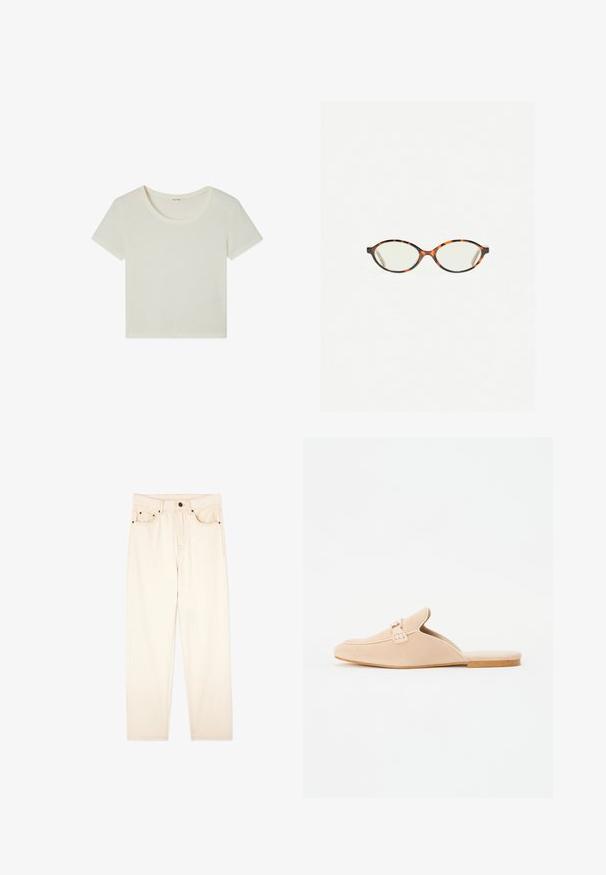 Cotton blend cropped t-shirt in off-white, featuring a round neckline and short sleeves with a soft, smooth texture.; Beige denim jeans with a straight fit, five-pocket design, metal hardware, and stitched seams, featuring a clean, minimalistic look.; Beige suede slip-on loafers with a closed toe, featuring a decorative buckle detail and a flat cork sole. Smooth texture with minimal design.; Tortoiseshell eyeglasses with oval lenses and a sleek, smooth finish. Features thin sides with a subtle curve at the temples. Clear lenses.