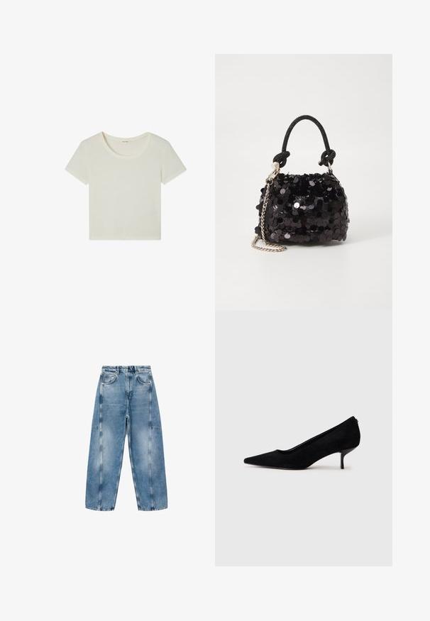 Medvilnės mišinio trumpas marškinėlis kreminės spalvos, su apvalia iškirpte ir trumpomis rankovėmis, turintis minkštą, lygią tekstūrą.; Šviesiai mėlynos džinsinės kelnės pasižymi laisvu siluetu, didelėmis kišenėmis ir kontrastinga siūle. Audinys turi išblukusį paviršių ir glotnų tekstūrą.; Juodas zomšinis aukštakulnis batus su smailiu kojų pirštu ir plonu, žemu kulnu. Lygi tekstūra su elegantišku dizainu, be matomų metalinių detalių.; Juodas blizgučių mini rankinukas su mazguotu tekstūruotu dirželiu ir sidabro grandine. Suapvalinta forma su susiraukšlėtopu ir atspindinčiomis detalėmis.