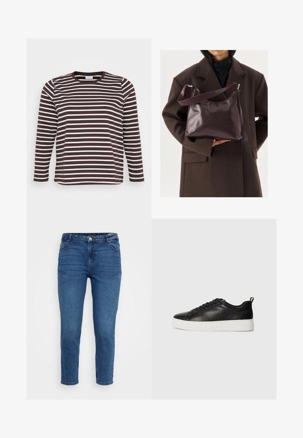 Langärmliges Hemd mit horizontalen braunen und weißen Streifen, Rundhalsausschnitt und einer weichen, glatten Textur.; Blaue Jeans aus Denim mit mittelhohem Bund, Fünf-Taschen-Design und geradem Bein. Mit Steppnähten und Metallakzenten.; Schwarze niedrige Leder-Sneaker mit schwarzen Schnürsenkeln und dicker weißer Gummisohle, von der Außenseite auf weißem Hintergrund betrachtet.; Person in einem dunkelbraunen Mantel hält eine glänzende, dunkelburgunderfarbene Lederhandtasche mit verstellbarem Schultergurt vor einem hellen Hintergrund.; Silberner Doppelring mit einer glatten, polierten Oberfläche. Verfügt über ein fließendes, kurviges Design mit überlappenden Abschnitten für einen modernen Look.