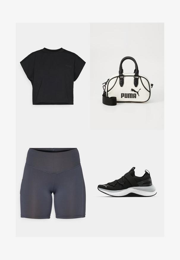 T-shirt cropped preta feita de algodão macio com mangas curtas e decote redondo. Apresenta um logotipo discreto na frente.; Calças curtas desportivas em cinza escuro, feitas de um tecido suave e elástico. Apresentam uma cintura alta e costuras em contraste, com um detalhe de bolso lateral.; Sapatilha atlética preta com um upper texturizado, tiras elásticas e uma entressola grossa branca. Apresenta um detalhe cinza ao longo da sola.; Bolsa branca com detalhes em preto, apresentando o logótipo da Puma. Alças curtas e arredondadas e uma alça removível, feita de material sintético texturizado.