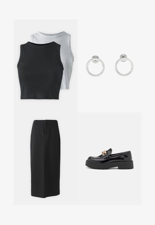 Even&Odd Petite 2 PACK - Top - light grey/black; Black pencil skirt, knee-length, made of smooth fabric. Features a back slit and side pockets, with a simple design and neutral color.; Black patent leather loafers with a chunky black sole and gold hardware detailing. Smooth texture and rounded toe design.; Silver metal hoop earrings with a brushed texture, featuring a circular design and a clear post back for secure wear.