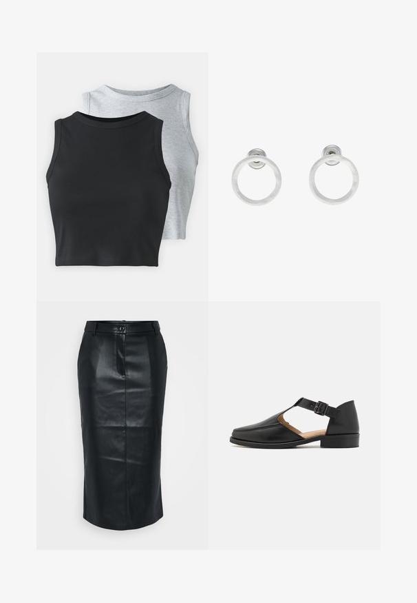 Even&Odd Petite 2 PACK - Topp - light grey/black; Mustast nahast pliiatsiseelik kõrge talje, tagumise lõhega, siledast tekstuurist ja ühe nupuga kinnitusega. Omab kohandatud, kehakujulist disaini.; Zign LEATHER - Jalga libistatavad jalanõud - black; Hõbedased metallist rõngastooted, millel on harjatud tekstuur, ümmargune disain ja selge tagumine post, tagamaks kindlat kandmist.