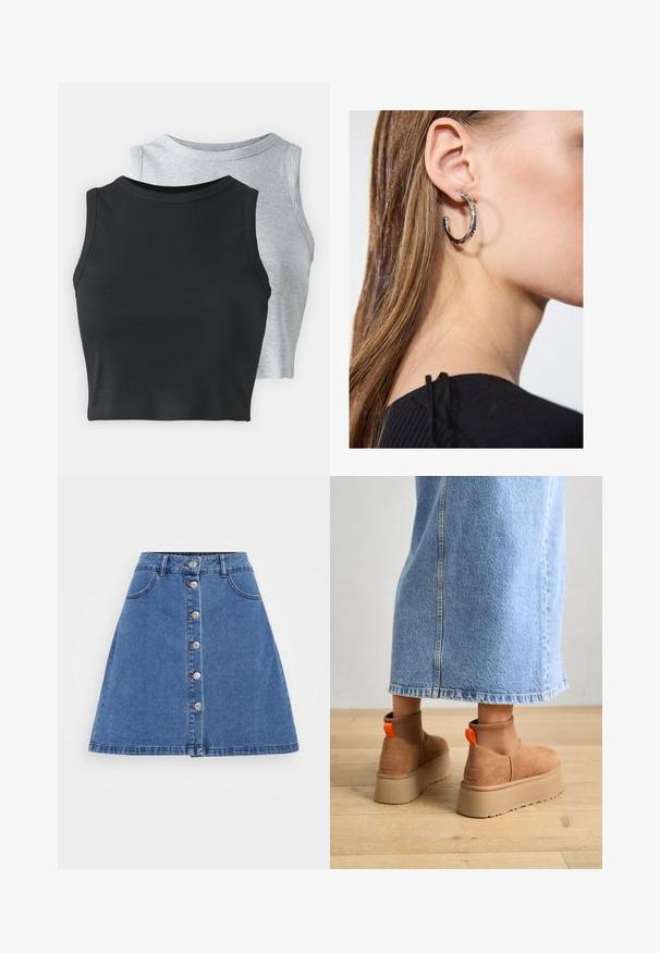 Even&Odd Petite 2 PACK - Topper - light grey/black; Jeans A-formet skjørt med liv, frontknapplukking, to lommer og lett frynset kant. Lys blå farge og jevn tekstur.; Brune semska plattformstøvler med elastiske sidepaneler og orange rekkehalser, parret med en knelange lys denimskjørt på et tregulv.; Sølv ringøredob med en polert finish, med små gull detaljer og en rund form, båret på øreflippen.