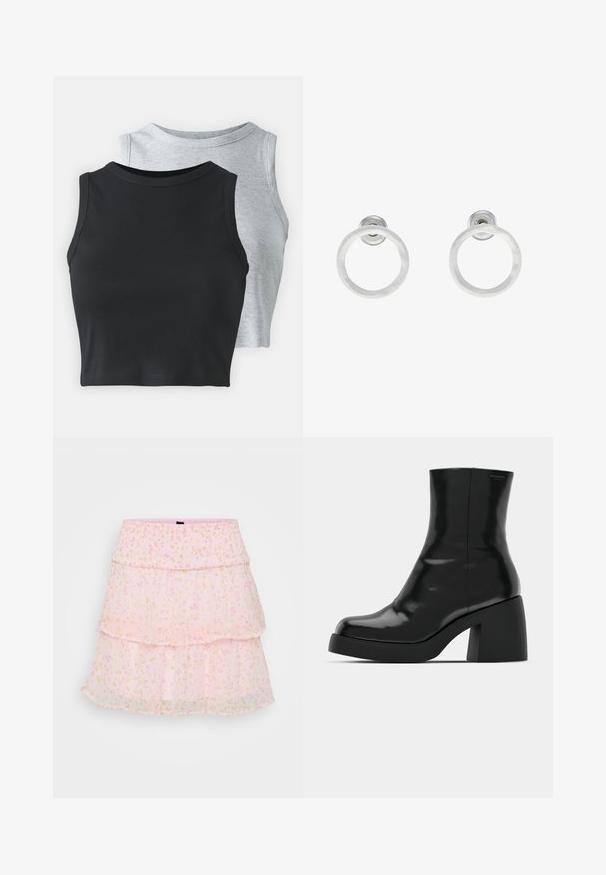 Even&Odd Petite 2 PACK - Top - light grey/black; Falda rosa en capas hecha de tela transparente con estampados florales en colores pastel. La cintura elástica mejora la comodidad y el ajuste.; Botas de tobillo negras con un acabado brillante, punta cuadrada y un tacón grueso en bloque. El diseño presenta una silueta sin costuras y un minimalismo en la marca.; Pendientes de aro de metal plateado con una textura cepillada, que presentan un diseño circular y un respaldo transparente para un uso seguro.