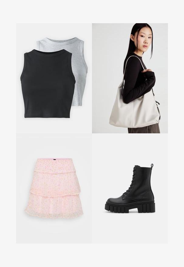 Even&Odd Petite 2 PACK - Débardeur - light grey/black; Jupe rose à couches, faite de tissu transparent avec des motifs floraux aux couleurs pastel. La taille élastique améliore le confort et l'ajustement.; Bottines en cuir noir avec semelle épaisse et rainurée, devant à lacets et tirette sur fond blanc lisse.; Sac à main beige en matériau souple, avec un design décontracté, des détails cousus et deux poignées. Idéal pour un usage quotidien.; Boucles d'oreilles en or avec une finition lisse et brillante. Design circulaire présentant un petit clou et une attache transparente pour un port sécurisé.