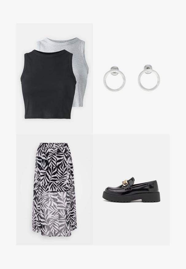 Even&Odd Petite 2 PACK - Viršus - light grey/black; Juodai-balta lapų rašto suknelė, pagaminta iš lengvos, tekstūruotos medžiagos, su elastinga juosmens juosta ir grindis siekiančiu dizainu.; Juodi patentiniai odiniai loaferiai su masyviu juodu padu ir auksiniais detalėmis. Lygus paviršius ir apvalus pirštų dizainas.; Sidabriniai metaliniai auskarai žiedų pavidalu su šveitimo tekstūra, turintys apvalų dizainą ir skaidrų laikiklį saugiam dėvėjimui.