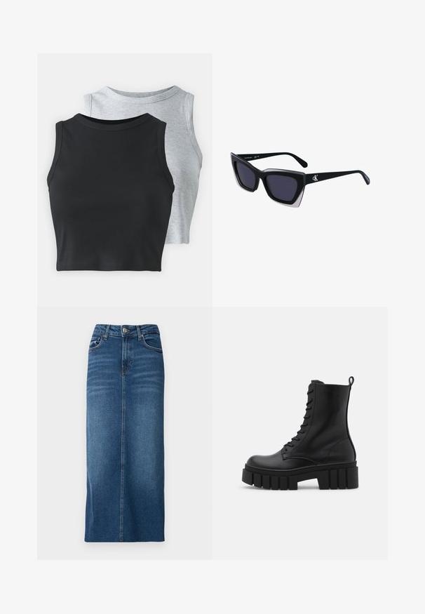 Even&Odd Petite 2 PACK - Top - light grey/black; Denim midi krilo v temno modri barvi z ravnim krojem, sprednjo gumbno zapiranje in petimi žepi. Mehka tekstura z rahlimi učinki bledenja.; Črne usnjene gležnjarje z debelim, rebrastim podplatom, vezanjem na sprednji strani in zanka za vlečenje na gladki beli podlagi.; Črne prevelike sončne očala geometrijske oblike, z temnimi lečami in kontrastno sivo podrobnostjo na okvirju. Logo na ročaju.; Srebrne uhančke v obliki obroča z gladko, sijočo površino, ukrivljene oblike in zapiranjem na zatič. Minimalistična zasnova z modernim zaključkom.