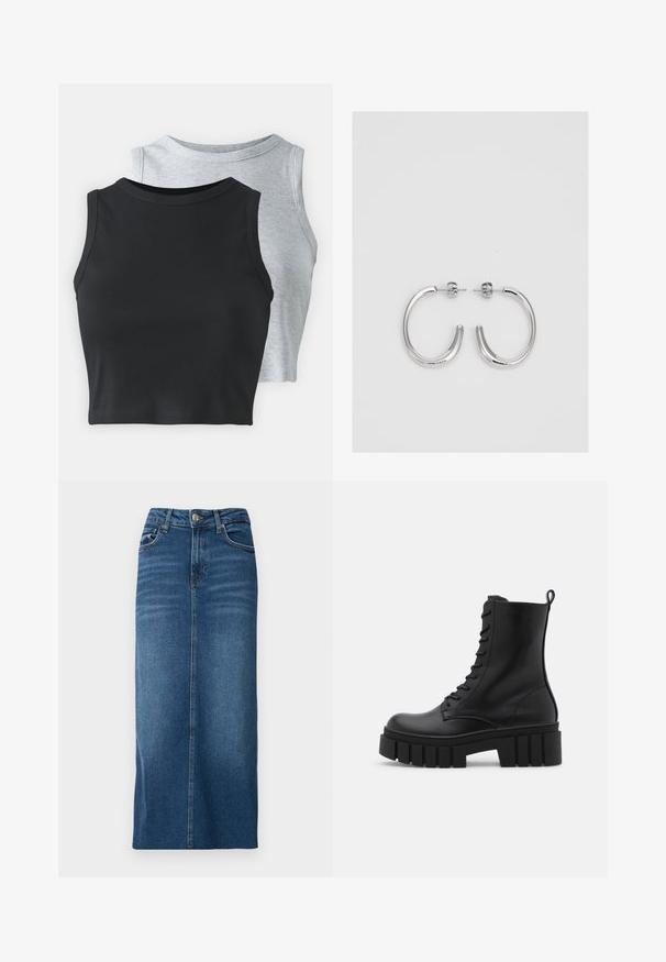 Even&Odd Petite 2 PACK - Tops - light grey/black; Tumši zila džinsa midi svārku ar taisnu griezumu, priekšējo pogu aizdari un piecu kabatu dizainu. Mīksta tekstūra ar nelielām izbalēšanas detaļām.; Melnas ādas potītes zābaki ar masīvu, rievojumu zoli, auklu aizdari un vilces cilpu uz gludas baltas fona.; Sudraba stīpas auskari ar gludu, spīdīgu virsmu, izceļas ar izliektaveida formu un aizdari ar tapu. Minimālistisks dizains ar mūsdienīgu apdari.