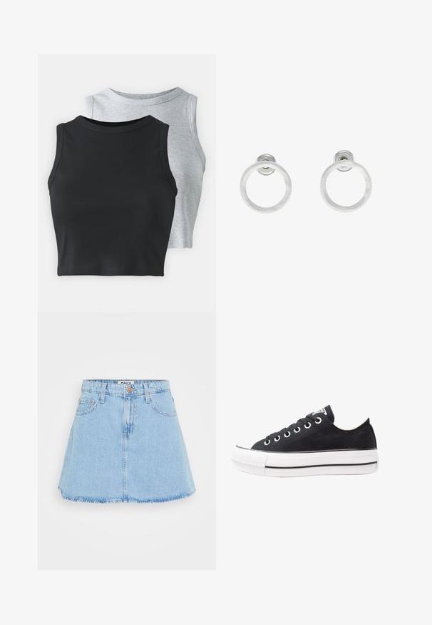 Even&Odd Petite 2 PACK - Tops - light grey/black; Gaiši zils džinsu svārku ar izvērstu formu, piecu kabatu dizainu un neapstrādātu malu. Tam ir priekšējā pogu aizdare un jostu cilpas.; Melnas kanvas kedas ar baltu gumijas zoli, apaļi purngali, zema dizaina, metāla acu caurumi un teksturēts purngals. Plāna melna svītra gar zoli.; Sudraba metāla gredzenveida auskari ar matētu faktūru, ar apaļu dizainu un caurspīdīgu aizdari, lai nodrošinātu drošu valkāšanu.