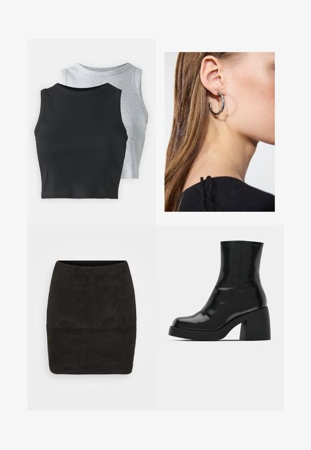 Even&Odd Petite 2 PACK - Top - light grey/black; Mini falda de ante negra con un diseño ajustado, que presenta una textura suave y detalles de costura vertical en la parte delantera.; Botas de tobillo negras con un acabado brillante, punta cuadrada y un tacón grueso en bloque. El diseño presenta una silueta sin costuras y un minimalismo en la marca.; Pendiente de aro de plata con un acabado pulido, que presenta pequeños detalles en dorado y una forma redonda, llevado en el lóbulo.