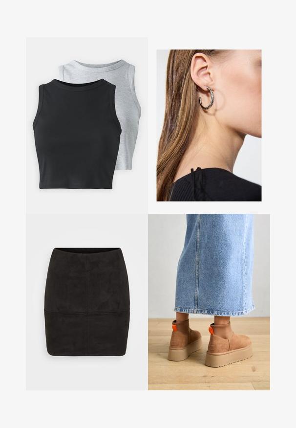 Even&Odd Petite 2 PACK - Top - light grey/black; Saia mini de camurça preta com um design ajustado, apresentando uma textura suave e detalhes de costura vertical na parte da frente.; Botas plataforma em camurça castanha com painéis laterais elásticos e puxadores laranja, combinadas com uma saia de ganga clara até ao joelho, em um chão de madeira.; Brinco de argola prateada com acabamento polido, apresentando pequenos detalhes em dourado e uma forma redonda, usado na orelha.