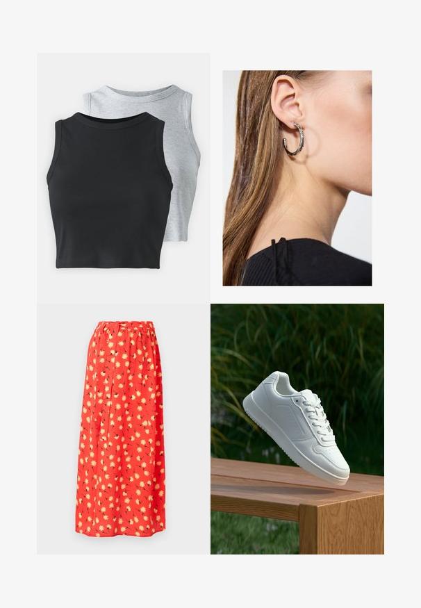 Even&Odd Petite 2 PACK - Top - light grey/black; Red maxi skirt made of lightweight fabric, featuring a floral pattern with yellow daisies and black detailing. Elastic waistband for comfort.; White sneaker with a smooth synthetic upper, perforated toe box, flat laces, and a textured sole, displayed on a wooden surface.; Silver hoop earring with a polished finish, featuring small gold accent details and a round shape, worn on the lobe.