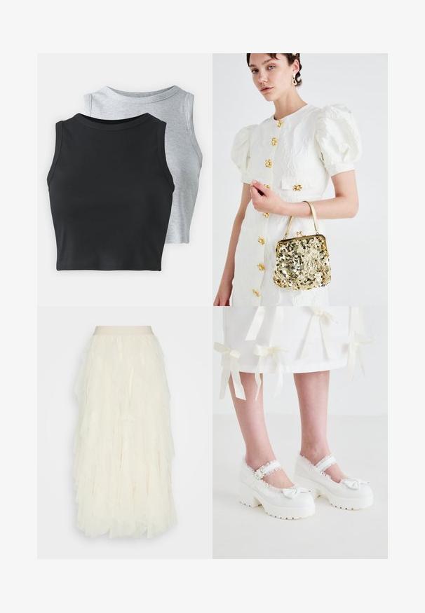 Even&Odd Petite 2 PACK - Top - light grey/black; Cremefarbener Tüllrock mit mehreren Volants. Verfügt über einen glatten Bund und eine strukturierte, transparente Oberfläche. Fällt bis zur Mitte der Wade.; Koi Footwear TIRA RUFFLE MARY JANES PORCELAIN DELIGHTS EDITION - Plateaupumps - white; Weißes Kleid mit Puffärmeln, verziert mit floralen Applikationen und goldenen Beschlägen, kombiniert mit einer goldenen Handtasche aus Pailletten mit einem vintage Schild.; Goldfarbene Ohrringe mit zwei Perlenanhängern. Ein Paar hat Stecker; das andere ist im Anhänger-Stil mit einer Kette und zusätzlichen Perlen.