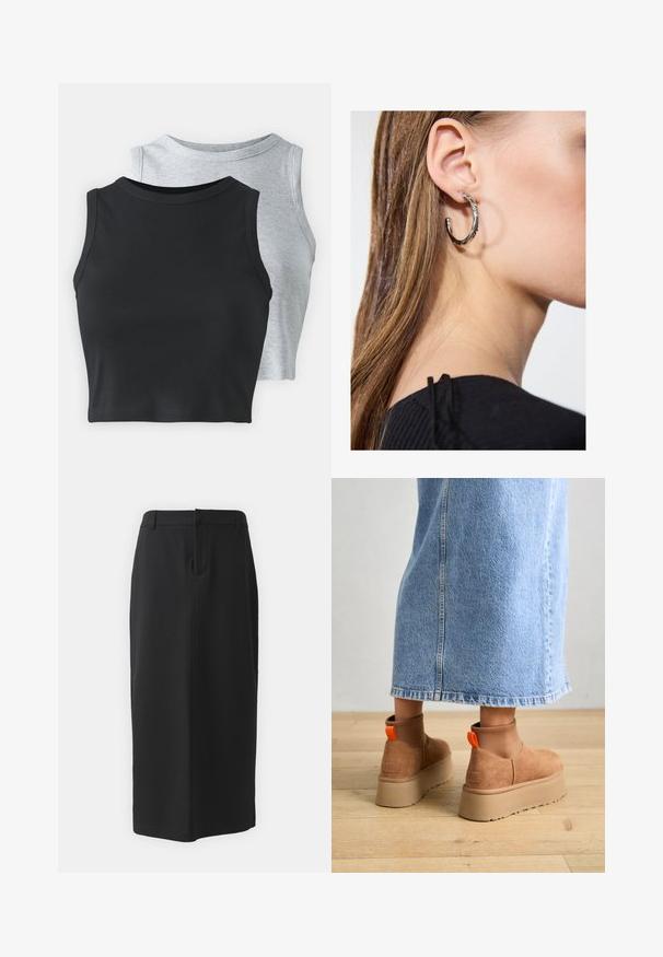 Even&Odd Petite 2 PACK - Top - light grey/black; Černá tužková sukně, ke kolenům, vyrobena z hladkého materiálu. Má rozparek vzadu a boční kapsy, s jednoduchým designem a neutrální barvou.; Hnědé semišové platformové boty s elastickými bočními panely a oranžovými poutky, spárované s sukní z jasného denimu ke kolenům na dřevěné podlaze.; Stříbrný kruhový náušník s lesklým povrchem, zdobený malými zlatými akcenty, v kulatém tvaru, nošený na lalůčku.