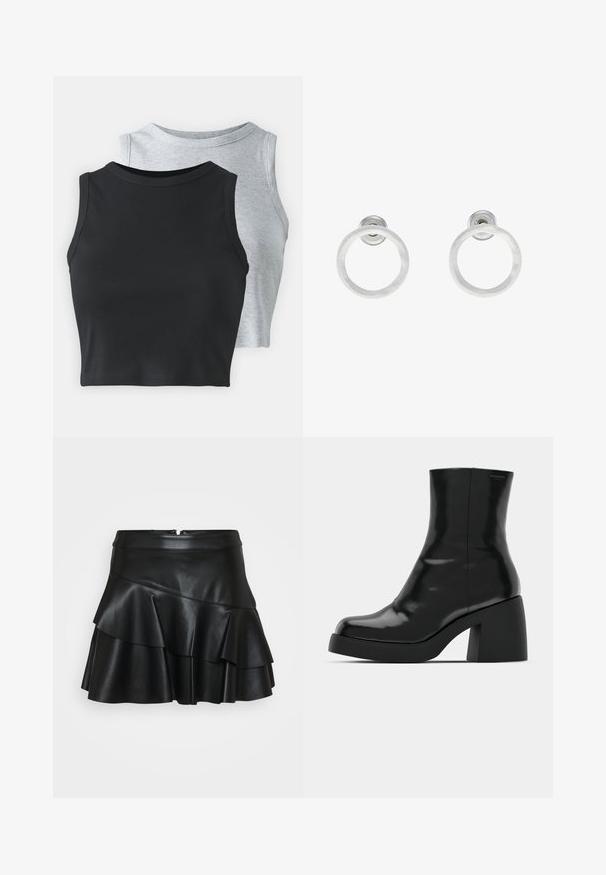 Even&Odd Petite 2 PACK - Top - light grey/black; Črna usnjena mini krila s prilegajočim pasom in tremi nivoji volanov, ki se ponaša s gladko teksturo in skritim zadrgo na hrbtni strani.; Črne gležnjarje z sijajno površino, kvadratnim nosom in debelim blokskim peto. Oblikovanje izstopa s brezšivno silhueto in minimalnim logotipiranjem.; Srebrni kovinski obročasti uhani z brušenjem, s krožno obliko in prozornim zatičem za varno nošenje.