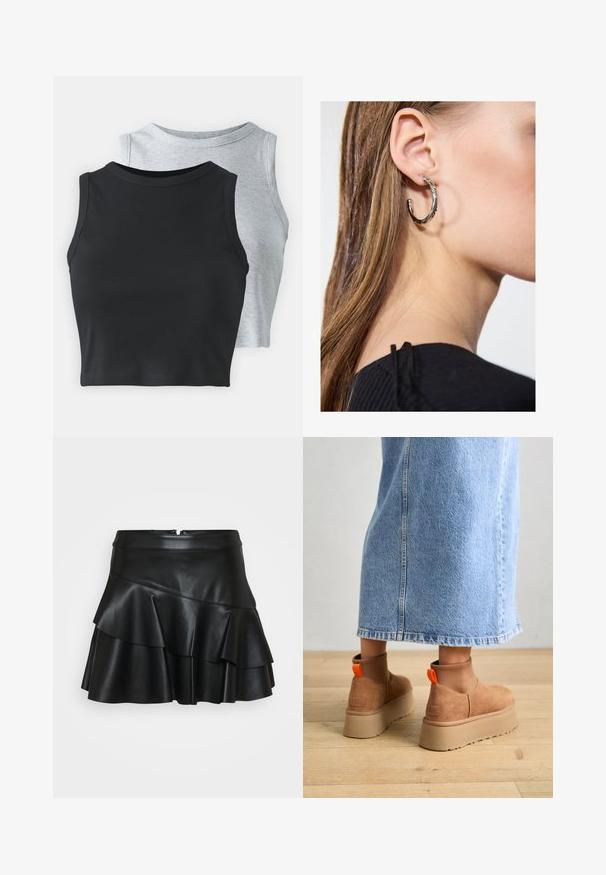 Even&Odd Petite 2 PACK - Tops - light grey/black; Melna ādas mini svārki ar pieguļošu jostas daļu un trim kārtām volāniem, ar gludu tekstūru un slēptu aizmugurējo rāvējslēdzēju.; Brūni zamšādas platforma zābaki ar elastīgiem sānu paneļiem un oranžām cilpām, apvienoti ar līdz ceļgaliem garu gaišā denima svārku uz koka grīdas.; Sudraba auskars ar pulētu apdari, ar maziem zelta akcentiem un apaļu formu, uz ausu ļipiņas.