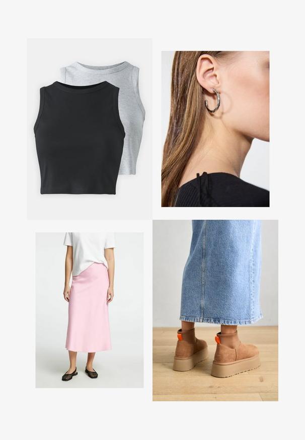 Even&Odd Petite 2 PACK - Top - light grey/black; Gonna midi di colore rosa chiaro realizzata in tessuto morbido, con un taglio dritto. Abbinata a scarpe slip-on nere intrecciate. Maglietta bianca parzialmente visibile.; Stivali platform in suede marrone con pannelli laterali elastici e linguette arancioni, abbinati a una gonna di jeans chiara, lunga fino al ginocchio, su un pavimento di legno.; Orecchino a cerchio in argento con finitura lucida, caratterizzato da piccoli dettagli in oro e una forma tondeggiante, indossato sul lobo.