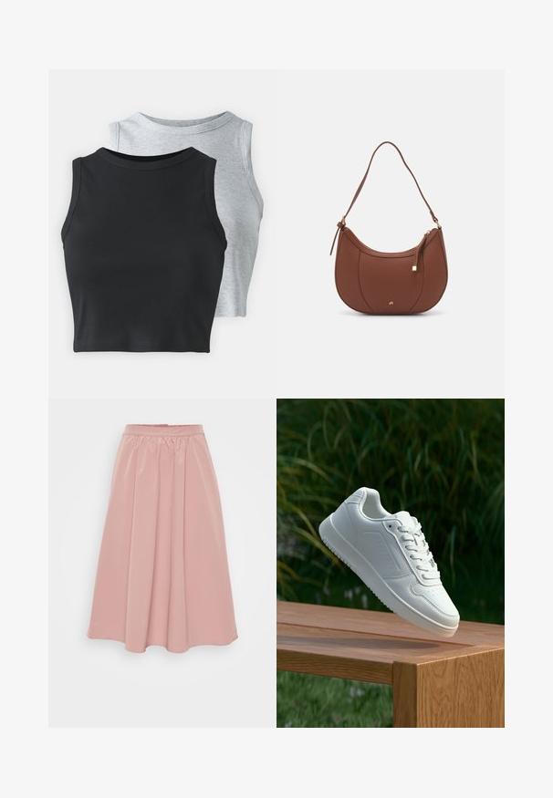Even&Odd Petite 2 PACK - Top - light grey/black; Fustă roz, până la genunchi, confecționată dintr-un material neted, având un talie strânsă și un design pliat. Fără detalii suplimentare sau modele.; Sneaker alb cu un upper sintetic neted, cu vârf perforat, șireturi plate și o talpă texturată, expus pe o suprafață de lemn.; Geantă de umăr din piele ecologică maro, cu o formă curbată, cusături minime și un accent din metal auriu. Are un închidere cu fermoar în partea de sus și o curea ajustabilă.