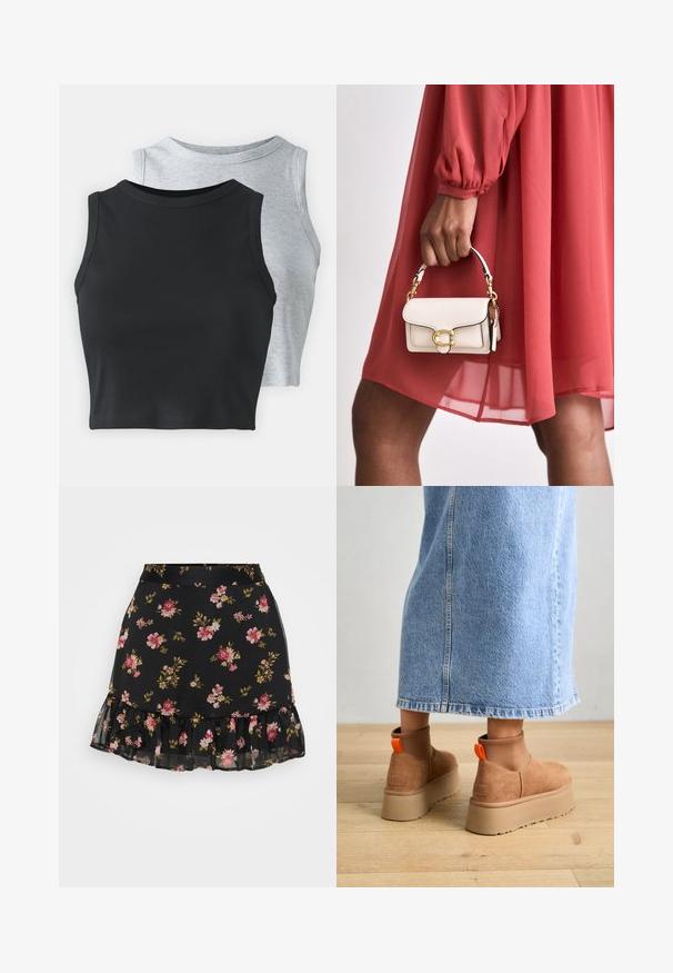 Even&Odd Petite 2 PACK - Top - light grey/black; Čierna kvetinová sukňa s volánovým lemom. Má vzor ružových a žltých kvetov na priesvitnom materiáli. Ľahký a priliehajúci dizajn.; Hnedé zamskové platformové čižmy s elastickými bočnými panelmi a oranžovými ťahákmi, v kombinácii s sukňou z ľahkého denimu po kolená, na drevenej podlahe.; Biely kožený kabelka s obdĺžnikovým tvarom, zlatými kovovými doplnkami a krátkym reťazovým držadlom, držaná v ruke, v kombinácii s červenými šatami.