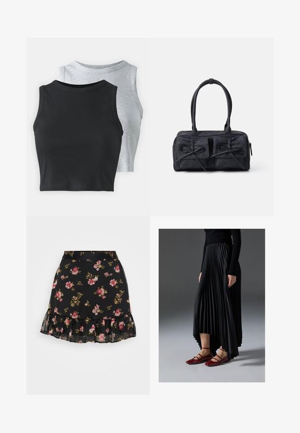 Even&Odd Petite 2 PACK - Top - light grey/black; Gonna nera a fiori con orlo arricciato. Presenta un motivo di fiori rosa e gialli su un tessuto trasparente. Design leggero e aderente.; Gonna nera plissettata con orlo asimmetrico, abbinata a ballerine rosse lucide con design a strap. Il tessuto ha una texture liscia.; Borsa in tessuto nero con due tasche frontali decorate con fiocchi, doppi manici e chiusura zip. Texture morbida e forma rettangolare.; Orecchini a cerchio argentati con design a fiocco, con una finitura liscia e una texture lucida. Stile compatto e minimalista adatto per diverse occasioni.