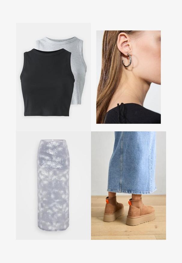 Even&Odd Petite 2 PACK - Tops - light grey/black; Pelēka midi svārki, izgatavoti no ribotās auduma ar mākoņainu rakstu un pērlītēm. Tajos ir pieguļošs dizains un gluda apdare.; Brūni zamšādas platforma zābaki ar elastīgiem sānu paneļiem un oranžām cilpām, apvienoti ar līdz ceļgaliem garu gaišā denima svārku uz koka grīdas.; Sudraba auskars ar pulētu apdari, ar maziem zelta akcentiem un apaļu formu, uz ausu ļipiņas.