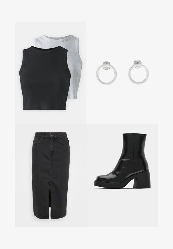 Even&Odd Petite 2 PACK - Tops - light grey/black; Melna denima svārki ar vidēju garumu, priekšējo šķēlumu un klasisku piecu kabatu dizainu. Satur pogu aizdari un jostas cilpas.; Melnas potītes zābaku ar spīdīgu apdari, kvadrātveida pirkstu un biezu bloku papēdi. Dizainā ir bezšuvju siluets un minimāla zīmola identitāte.; Sudraba metāla gredzenveida auskari ar matētu faktūru, ar apaļu dizainu un caurspīdīgu aizdari, lai nodrošinātu drošu valkāšanu.