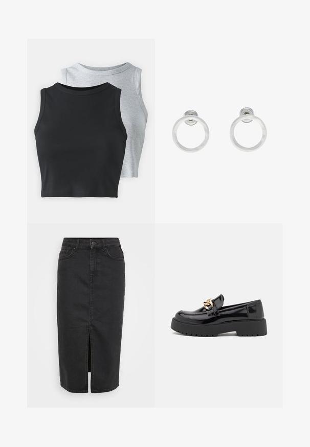 Even&Odd Petite 2 PACK - Top - light grey/black; Črna jeans krilo srednje dolžine, s sprednjim razporkom in klasičnim pet-pocket dizajnom. Ima gumbno zapiranje in zanke za pas.; Črni lakirani usnjeni loafers s debelim črnim podplatom in zlato kovinsko opremo. Gladka tekstura in zasnova zaokroženega nosu.; Srebrni kovinski obročasti uhani z brušenjem, s krožno obliko in prozornim zatičem za varno nošenje.