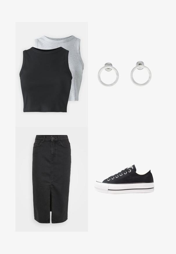 Even&Odd Petite 2 PACK - Tops - light grey/black; Melna denima svārki ar vidēju garumu, priekšējo šķēlumu un klasisku piecu kabatu dizainu. Satur pogu aizdari un jostas cilpas.; Melnas kanvas kedas ar baltu gumijas zoli, apaļi purngali, zema dizaina, metāla acu caurumi un teksturēts purngals. Plāna melna svītra gar zoli.; Sudraba metāla gredzenveida auskari ar matētu faktūru, ar apaļu dizainu un caurspīdīgu aizdari, lai nodrošinātu drošu valkāšanu.