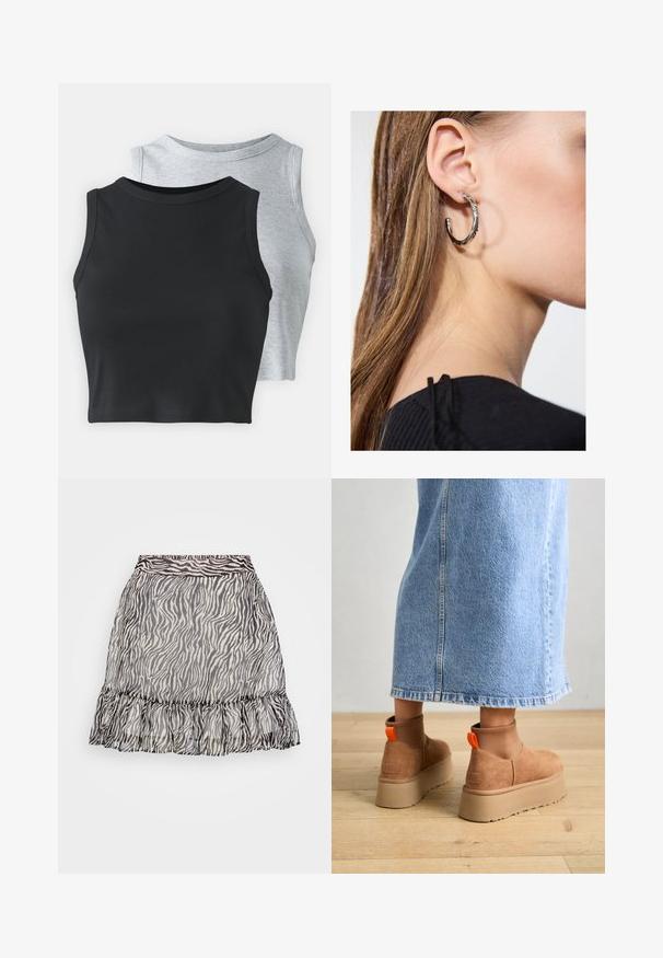 Even&Odd Petite 2 PACK - Top - light grey/black; Průhledná sukni se zebrovaným vzorem, s volánkovým lemem, černo-bílé barvy a pružným pasem pro pohodlné nošení.; Hnědé semišové platformové boty s elastickými bočními panely a oranžovými poutky, spárované s sukní z jasného denimu ke kolenům na dřevěné podlaze.; Stříbrný kruhový náušník s lesklým povrchem, zdobený malými zlatými akcenty, v kulatém tvaru, nošený na lalůčku.