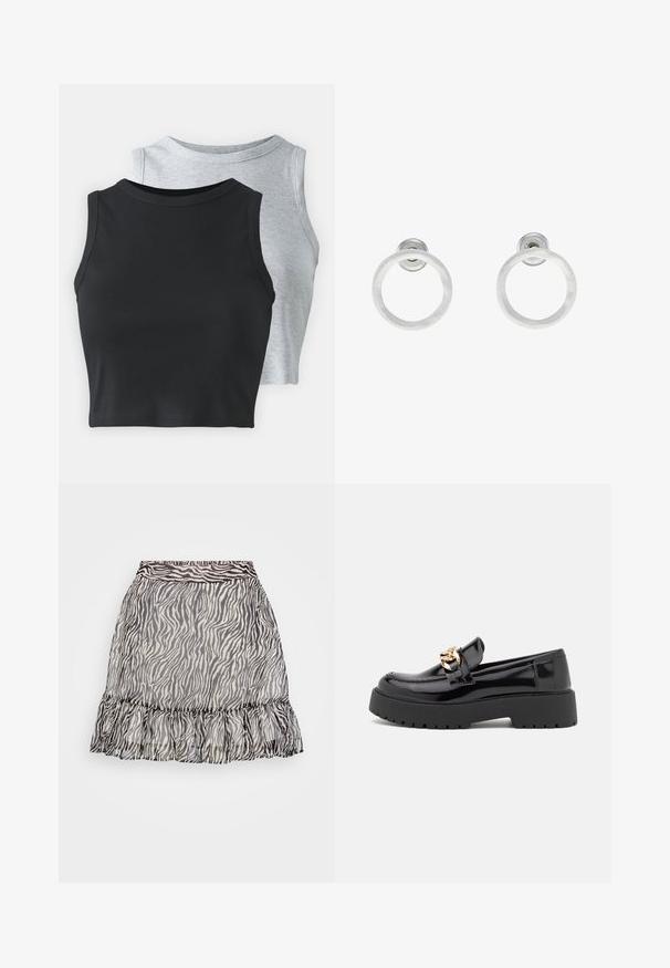 Even&Odd Petite 2 PACK - Top - light grey/black; Prosojena krila z zebrinim vzorcem, ki ima naborkani rob, v črni in beli barvi ter elastičnim pasom za udobno prileganje.; Črni lakirani usnjeni loafers s debelim črnim podplatom in zlato kovinsko opremo. Gladka tekstura in zasnova zaokroženega nosu.; Srebrni kovinski obročasti uhani z brušenjem, s krožno obliko in prozornim zatičem za varno nošenje.