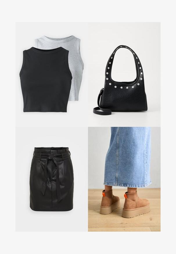 Even&Odd Petite 2 PACK - Top - light grey/black; Čierna kožená mini sukňa s vysokým pásom, obsahujúca predný viazací opasok a hladkú textúru. Minimalistický dizajn bez ďalších vzorov.; Hnedé zamskové platformové čižmy s elastickými bočnými panelmi a oranžovými ťahákmi, v kombinácii s sukňou z ľahkého denimu po kolená, na drevenej podlahe.; Čierna kožená kabelka s textúrou a striebornými cvokmi pozdĺž hornej hrany a na uchách, so krátkym uchom a odnímateľným popruhom.; Strieborná kruhová náušnica s lesklým povrchom, obsahujúca malé zlaté akcenty a okrúhly tvar, nosená na lalôčiku ucha.