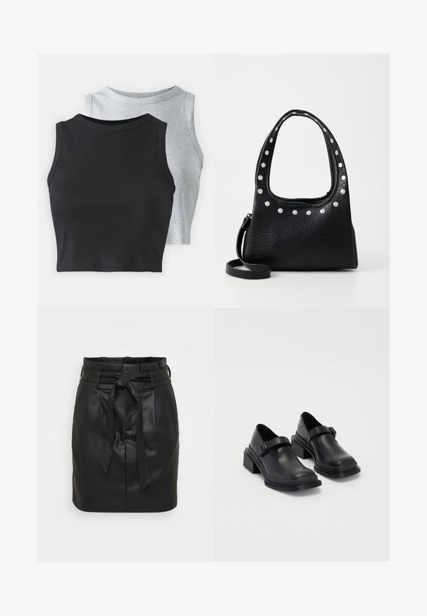 Even&Odd Petite 2 PACK - Tops - light grey/black; Melnas ādas mini svārkas ar augstu jostu, ar priekšējo saistējošu jostu un gludu virsmu. Minimalistiskais dizains bez papildus rakstiem.; Melnas ādas kurpes ar noapaļotu purngalu, plakanu zoli un siksniņu ar sprādzi. Masīvs bloku papēdis papildu stabilitātei.; Melnas strukturētas ādas rokassomu ar sudraba kniedēm gar augšējo malu un rokturiem, kura ietver īsu rokturi un noņemamu siksniņu.; Sudraba auskars ar pulētu apdari, ar maziem zelta akcentiem un apaļu formu, uz ausu ļipiņas.