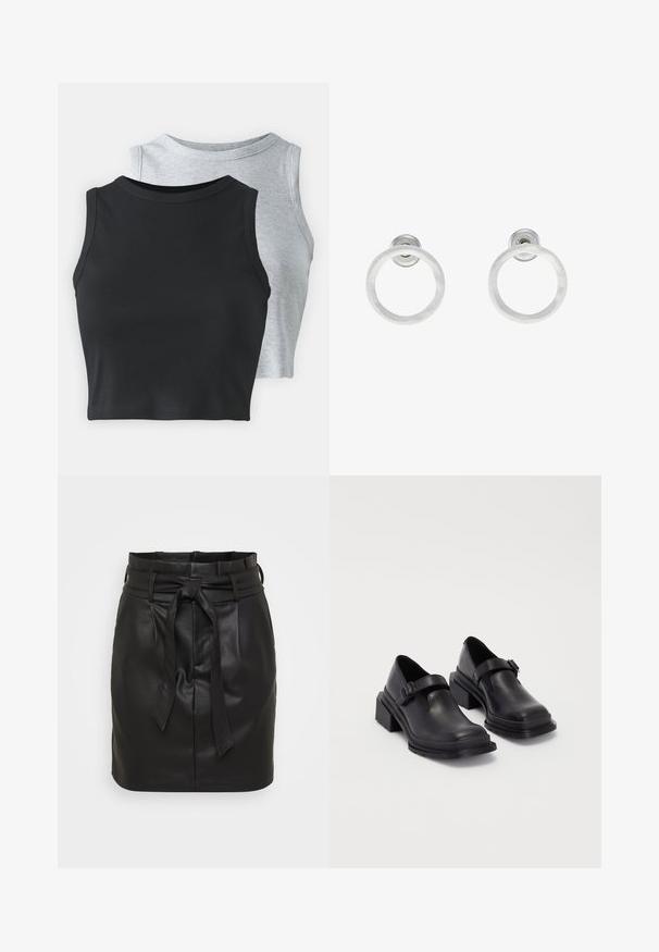 Even&Odd Petite 2 PACK - Top - light grey/black; Čierna kožená mini sukňa s vysokým pásom, obsahujúca predný viazací opasok a hladkú textúru. Minimalistický dizajn bez ďalších vzorov.; Čierne kožené topánky s okrúhlou špičkou, plochou podrážkou a remienkom s detailom pracky. Hrubý blokový opätok pre väčšiu stabilitu.; Strieborné kovové náušnice vo forme kruhov s brúsenou textúrou, so zaobleným dizajnom a priehľadným zarážkou pre bezpečné nosenie.