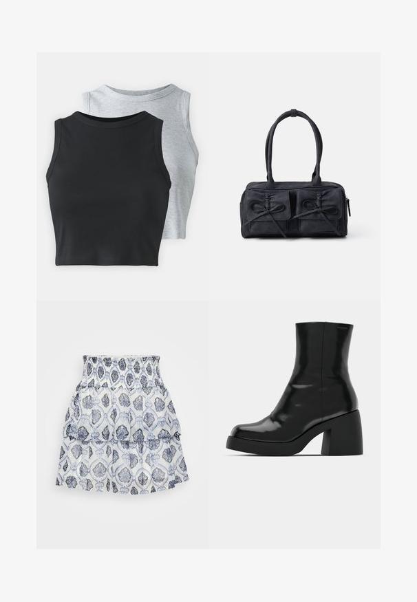 Even&Odd Petite 2 PACK - Topp - light grey/black; Valge kihiline seelik, millel on lillemuster sinistes ja hallides toonides, smockitud vöökoht ja kerge, tekstureeritud kangas.; Mustad mustad, läikiva viimistlusega, ruudukujulise varbaga ja paksu plokktallaga. Kujundus sisaldab sujuvat siluetti ja minimaalset brändimist.; Mustmust kangas käekott kahe esi-taskuga, millel on paelte detailid, topelt käepidemed ja lukuga sulgemine. Pehme tekstuur ja ristkülikukujuline kuju.; Hõbedased rõngas kõrvarõngad, millel on lipsu kujundus, sile viimistlus ja läikiv tekstuur. Kompaktne, minimalistlik stiil, sobib erinevateks juhtudeks.